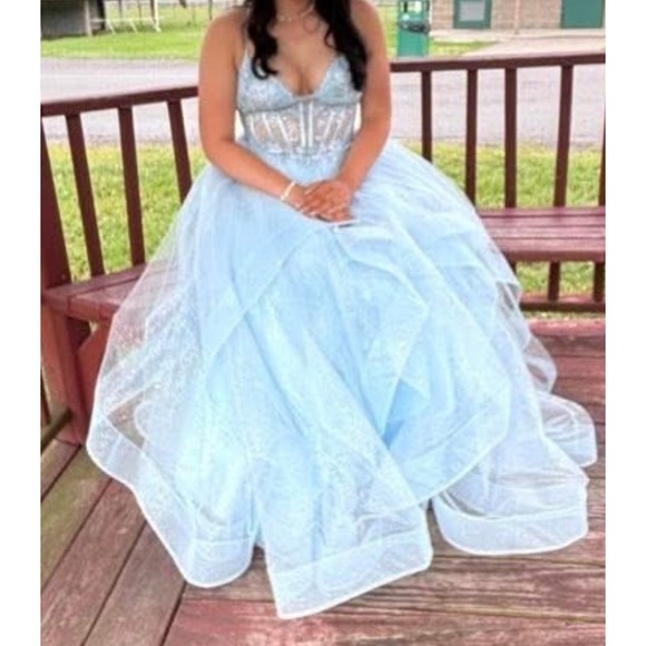Alyce Paris Dresses & Skirts - Light Blue Princess Prom Dress Size 6 Embroidered Formal Ball Gown Corset Back